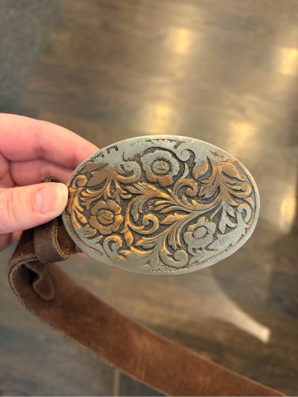 Paul Smith Hand-Tooled Floral Oval Belt Buckle - Brown Strap